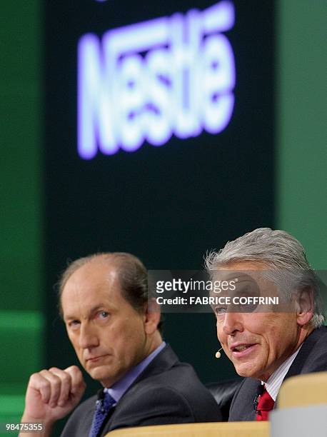 Nestle Chairman of the Board Peter Brabeck-Letmathe and CEO Paul Bulcke attend the annual shareholders meeting of the Swiss food giant on April 15,...