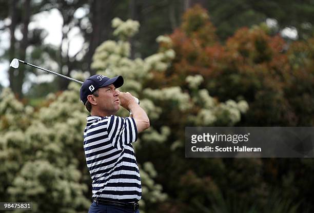 Davis Love III watches his tee shot on the 17th hole during the first round of the Verizon Heritage at the Harbour Town Golf Links on April 15, 2010...