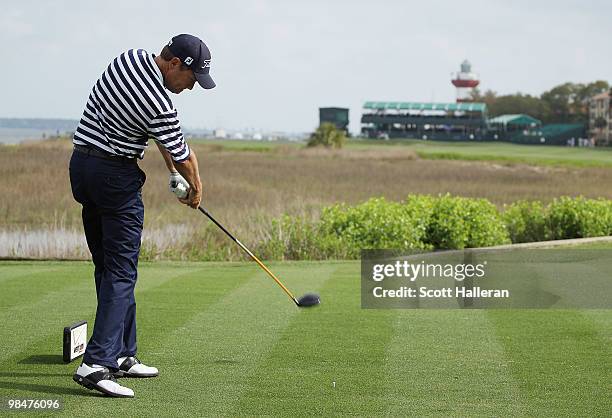 Davis Love III hits his tee shot on the 18th hole during the first round of the Verizon Heritage at the Harbour Town Golf Links on April 15, 2010 in...