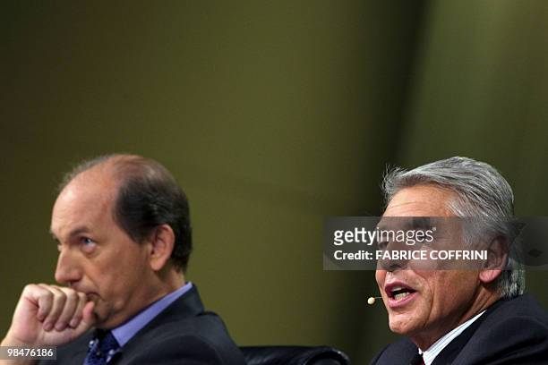Nestle Chairman of the Board Peter Brabeck-Letmathe speaks as CEO Paul Bulcke looks on during the annual shareholders meeting of the Swiss food giant...