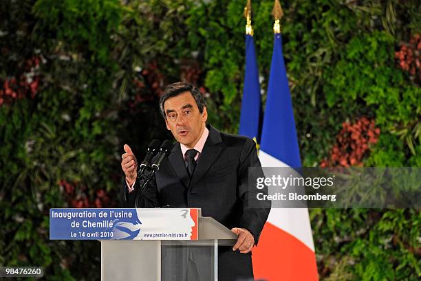 Francois Fillon, France's prime minister, speaks in the Cie. Saint-Gobain SA Isover fiberglass insulation factory in Chemille, France, on Wednesday,...