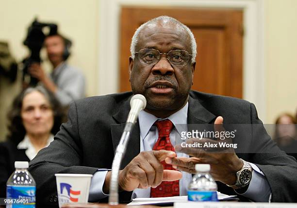 Supreme Court Justice Clarence Thomas testifies during a hearing before the Financial Services and General Government Subcommittee of the House...