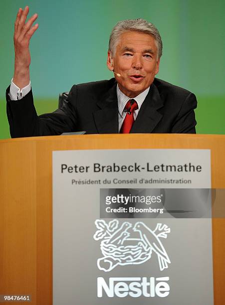 Peter Brabeck-Letmathe, chairman of Nestle SA, speaks at the company's shareholders' meeting in Lausanne, Switzerland, on Thursday, April 15, 2010....