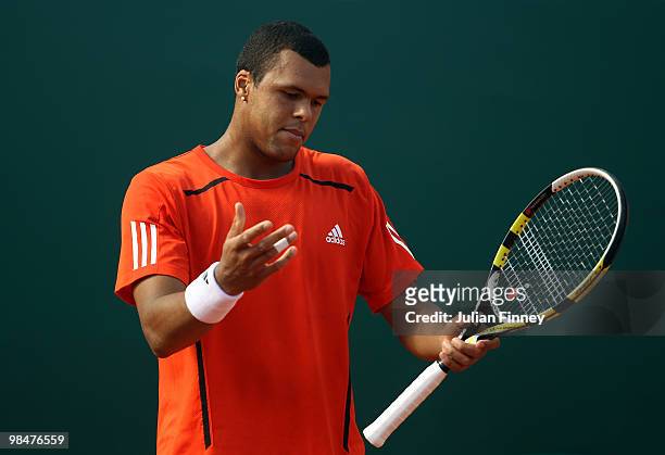 Jo-Wilfried Tsonga of France reacts in his match against Juan Carlos Ferrero of Spain during day four of the ATP Masters Series at the Monte Carlo...