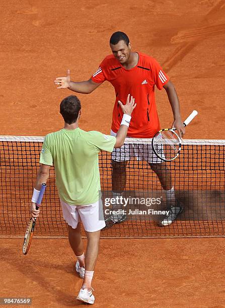 Jo-Wilfried Tsonga of France shakes hands with Juan Carlos Ferrero of Spain after Ferrero won in 3 sets during day four of the ATP Masters Series at...