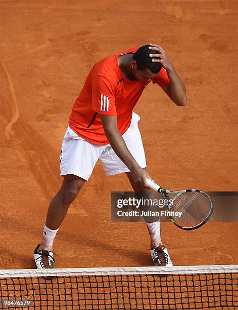 Jo-Wilfried Tsonga of France reacts in his match against Juan Carlos Ferrero of Spain during day four of the ATP Masters Series at the Monte Carlo...