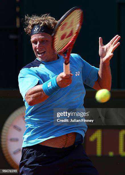 David Nalbandian of Argentina in action in his match against Tommy Robredo of Spain during day four of the ATP Masters Series at the Monte Carlo...