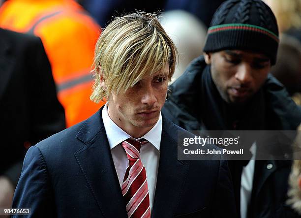 Fernando Torres and Ryan Babel of Liverpool attend a memorial ceremony at Anfield on April 15, 2010 in Liverpool, England. Thousands of fans, friends...