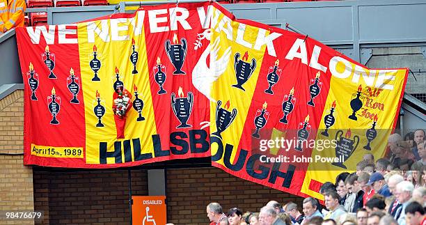 Banner is displayed next to the Kop during a memorial ceremony at Anfield on April 15, 2010 in Liverpool, England. Thousands of fans, friends and...
