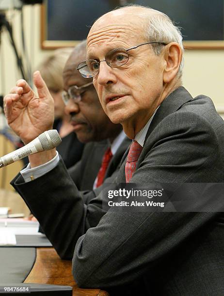 Supreme Court Justices Clarence Thomas and Stephen Breyer testify during a hearing before the Financial Services and General Government Subcommittee...