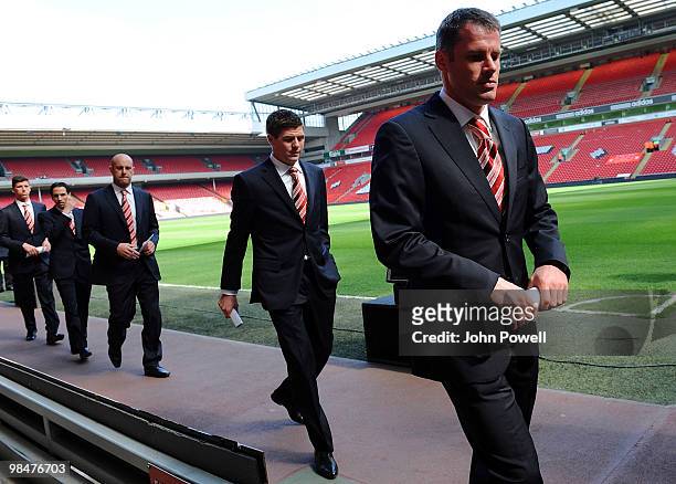 Jamie Carragher, Steven Gerrard, Pepe Reina, Yossi Benayoun and Daniel Ayala of Liverpool arrive for a memorial ceremony at Anfield on April 15, 2010...