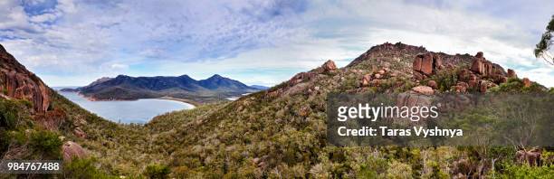 wineglass bay top panorama - wineglass bay stock pictures, royalty-free photos & images