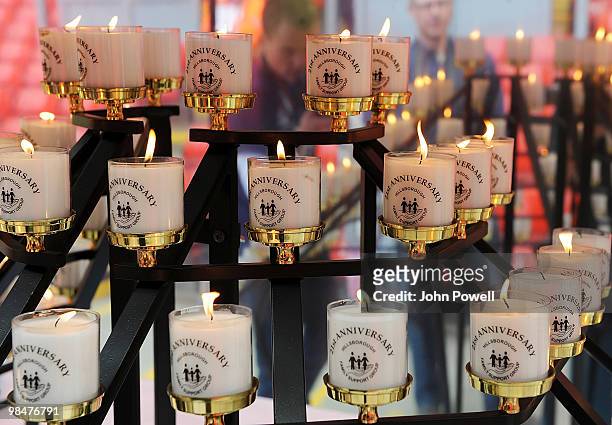 Candles are lit for the 96 Liverpool supporters who lost their lives at Hillsborough during a memorial ceremony at Anfield on Aprilat Anfield on...