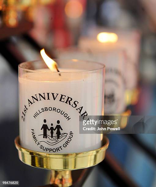 Candles are lit for the 96 Liverpool supporters who lost their lives at Hillsborough during a memorial ceremony at Anfield on Aprilat Anfield on...