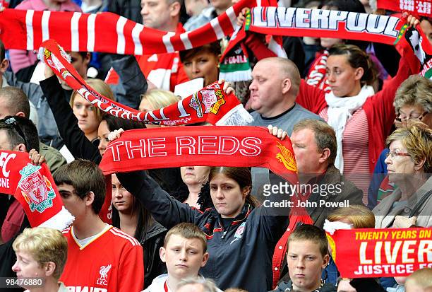 Supporters of Liverpool FC along with the family and friends of the 96 people who lost their lives at Hillsborough attend a memorial ceremony at...