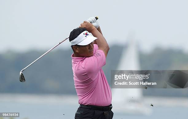 Choi of South Korea hits his approach shot on the 18th hole during the first round of the Verizon Heritage at the Harbour Town Golf Links on April...