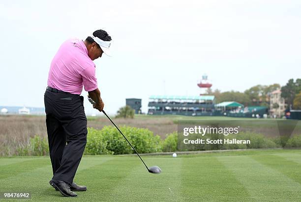 Choi of South Korea hits his tee shot on the 18th hole during the first round of the Verizon Heritage at the Harbour Town Golf Links on April 15,...