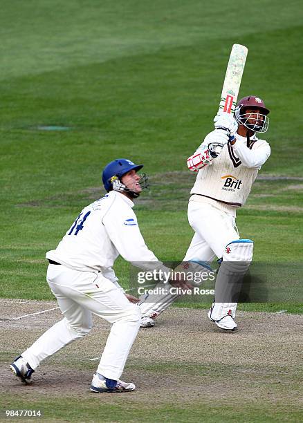 Arun Harinath of Surrey in action during the LV County Championship Division Two match between Sussex and Surrey at the County Ground on April 15,...