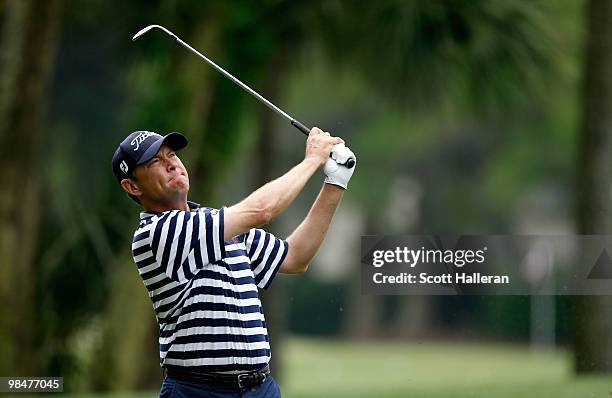 Davis Love III hits his approach shot on the ninth hole during the first round of the Verizon Heritage at the Harbour Town Golf Links on April 15,...