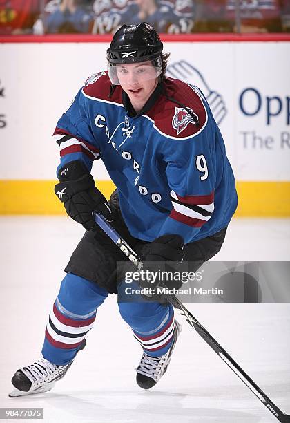 Matt Duchene of the Colorado Avalanche skates against the Chicago Blackhawks at the Pepsi Center on April 9, 2010 in Denver, Colorado. Chicago beat...