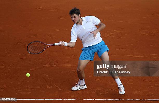 Stanislas Wawrinka of Switzerland in action against Novak Djokovic of Serbia during day four of the ATP Masters Series at the Monte Carlo Country...