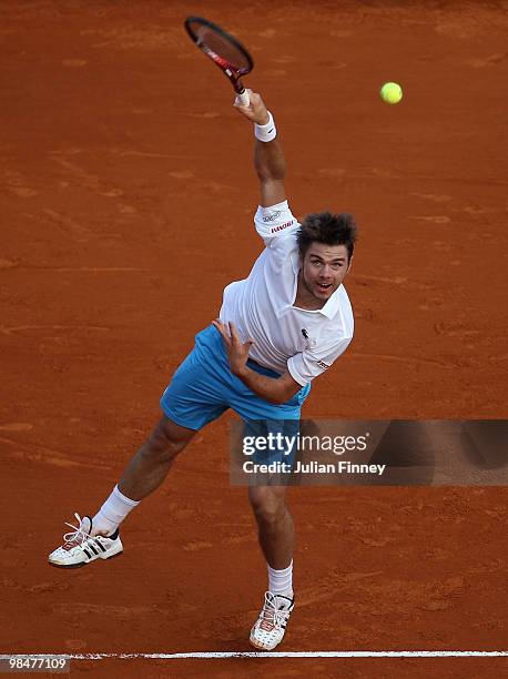 Stanislas Wawrinka of Switzerland in action against Novak Djokovic of Serbia during day four of the ATP Masters Series at the Monte Carlo Country...