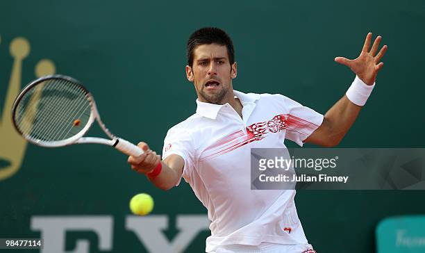 Novak Djokovic of Serbia plays a forehand in his match against Stanislas Wawrinka of Switzerland during day four of the ATP Masters Series at the...