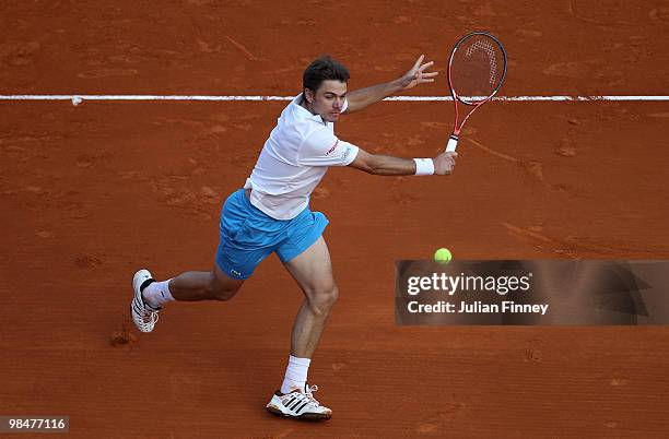 Stanislas Wawrinka of Switzerland in action against Novak Djokovic of Serbia during day four of the ATP Masters Series at the Monte Carlo Country...