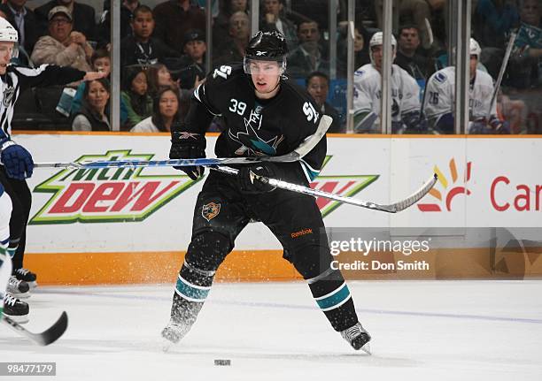 Logan Couture of the San Jose Sharks skates to the puck against the Vancouver Canucks during an NHL game on April 8, 2010 at HP Pavilion at San Jose...