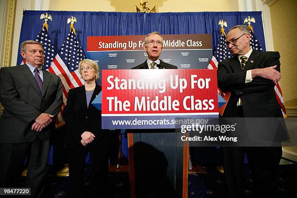 Senate Majority Leader Sen. Harry Reid speaks as Assistant Senate Majority Leader Sen. Richard Durbin (D-IL , Sen. Charles Schumer , and Sen. Patty...