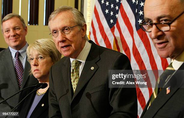 Senate Majority Leader Sen. Harry Reid speaks as Assistant Senate Majority Leader Sen. Richard Durbin (D-IL , Sen. Charles Schumer , and Sen. Patty...