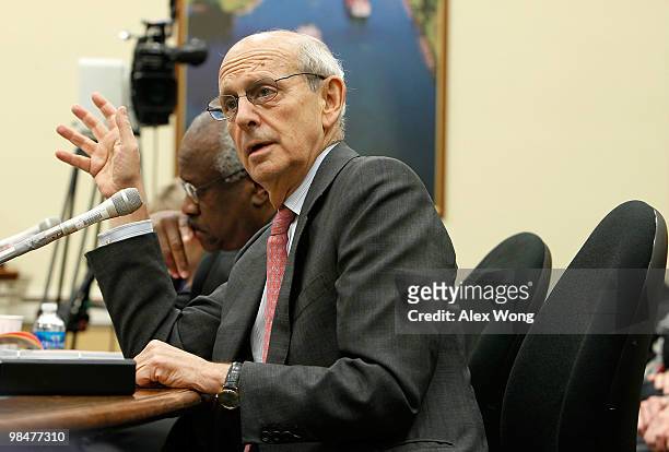 Supreme Court Justices Clarence Thomas and Stephen Breyer testify during a hearing before the Financial Services and General Government Subcommittee...