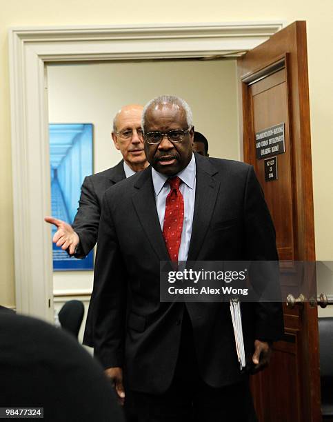 Supreme Court Justices Clarence Thomas and Stephen Breyer arrive for a hearing before the Financial Services and General Government Subcommittee of...