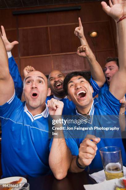 cheering teammates watching television in sports bar - jon feingersh stock pictures, royalty-free photos & images