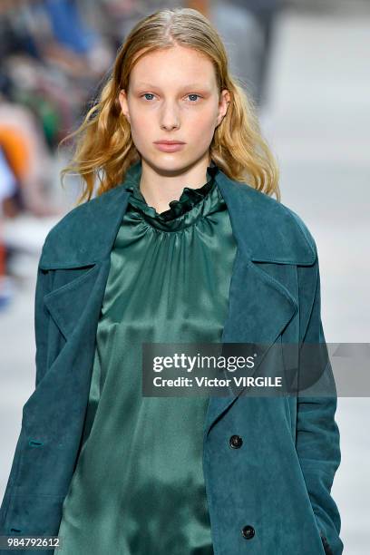 Model walks the runway during the Officine Generale Menswear Spring/Summer 2019 fashion show as part of Paris Fashion Week on June 24, 2018 in Paris,...