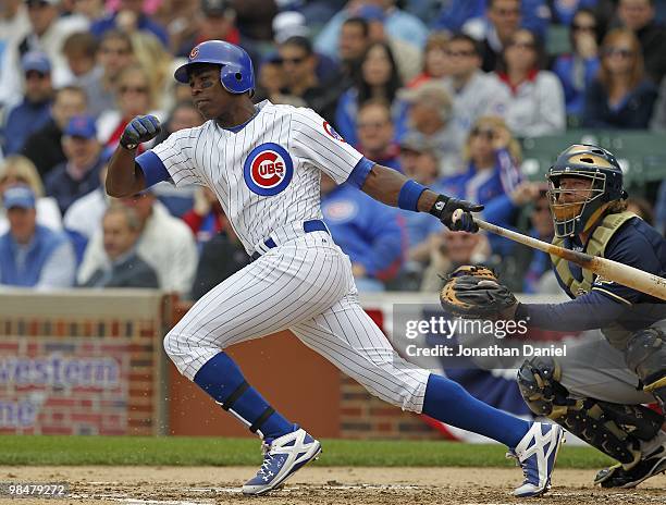 Alfonso Soriano of the Chicago Cubs hits the ball against the Milwaukee Brewers on Opening Day at Wrigley Field on April 12, 2010 in Chicago,...