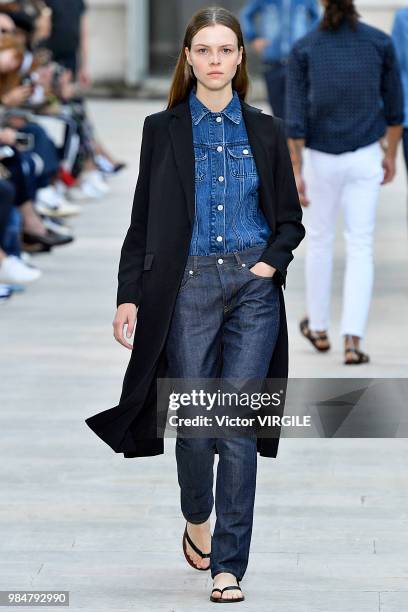 Model walks the runway during the Officine Generale Menswear Spring/Summer 2019 fashion show as part of Paris Fashion Week on June 24, 2018 in Paris,...