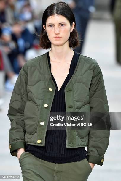 Model walks the runway during the Officine Generale Menswear Spring/Summer 2019 fashion show as part of Paris Fashion Week on June 24, 2018 in Paris,...