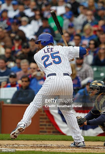 Derrek Lee of the Chicago Cubs prepares to swing against the Milwaukee Brewers on Opening Day at Wrigley Field on April 12, 2010 in Chicago,...