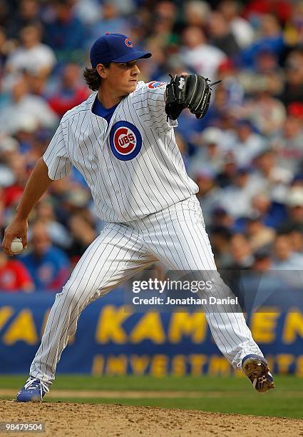 Jeff Samardzija of the Chicago Cubs pitches against the Milwaukee Brewers on Opening Day at Wrigley Field on April 12, 2010 in Chicago, Illinois. The...