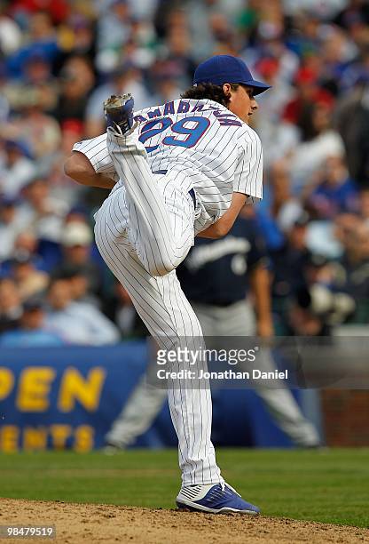 Jeff Samardzija of the Chicago Cubs pitches against the Milwaukee Brewers on Opening Day at Wrigley Field on April 12, 2010 in Chicago, Illinois. The...