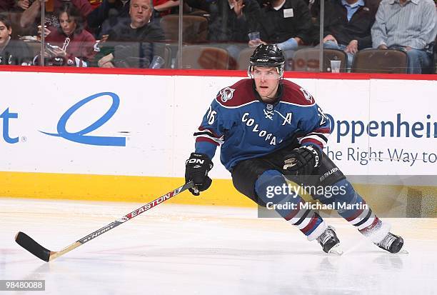 Paul Stastny of the Colorado Avalanche skates against the Chicago Blackhawks at the Pepsi Center on April 9, 2010 in Denver, Colorado. Chicago beat...