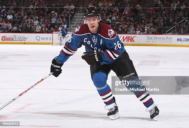 Paul Stastny of the Colorado Avalanche skates against the Chicago Blackhawks at the Pepsi Center on April 9, 2010 in Denver, Colorado. Chicago beat...