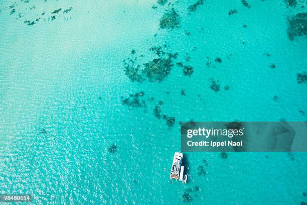 great barrier reef with boat from the sky - cairns aerial stock pictures, royalty-free photos & images