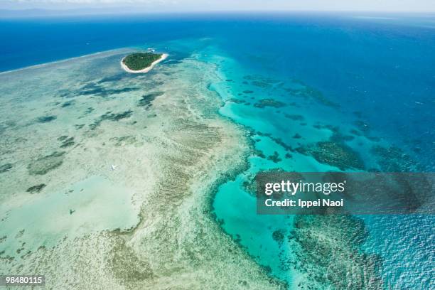 green island on great barrier reef from the sky - cairns australië stockfoto's en -beelden