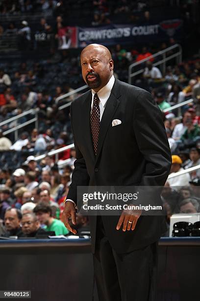 Head coach Mike Woodson of the Atlanta Hawks reacts on the sideline during the game against the Milwaukee Bucks on February 28, 2010 at Philips Arena...