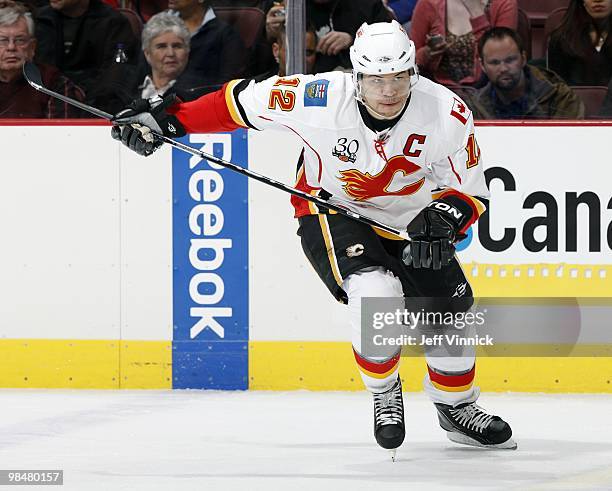 Jarome Iginla of the Calgary Flames skates up ice during their game against the Vancouver Canucks at General Motors Place on April 10, 2010 in...