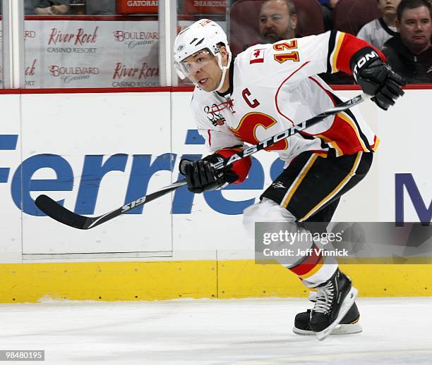 Jarome Iginla of the Calgary Flames skates up ice during their game against the Vancouver Canucks at General Motors Place on April 10, 2010 in...