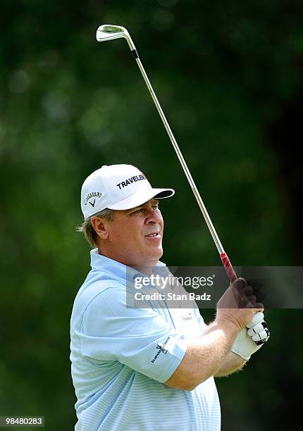 Hal Sutton hits from the 11th tee box during the Red Stag Challenge presented by Jim Beam for the Outback Steakhouse Pro-Am at TPC Tampa Bay on April...