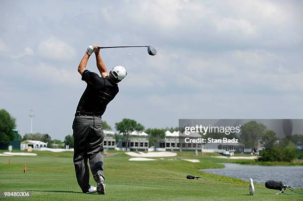 Fred Funk hits from the 18th tee box during the Red Stag Challenge presented by Jim Beam for the Outback Steakhouse Pro-Am at TPC Tampa Bay on April...